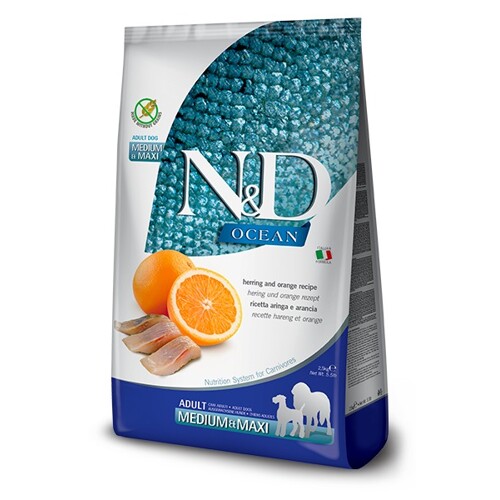 N&D dog OCEAN GF adult medium & maxi, herring & orange 12 kg