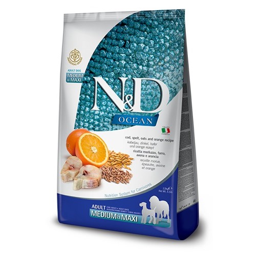 N&D dog OCEAN AG adult medium & maxi, codfish, spelt, oats & orange 2,5 kg