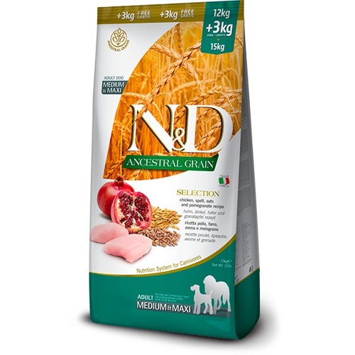 N&D dog AG SELECTION adult medium & maxi, chicken, spelt, oats & pomegranate 12 kg + 3 kg