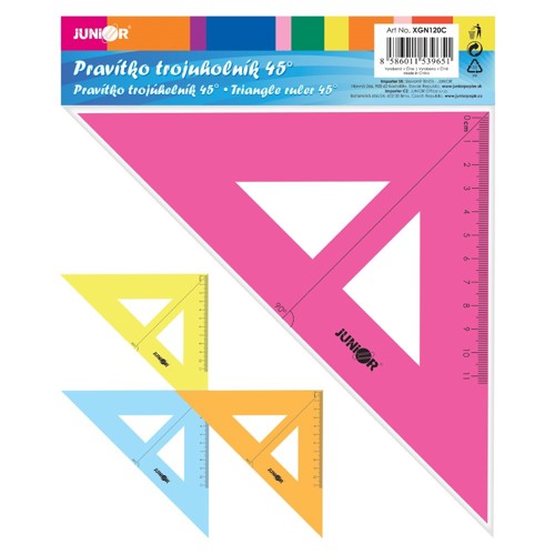 Pravítko trojuholník s ryskou 16 cm, transparentné/farebné na blistri